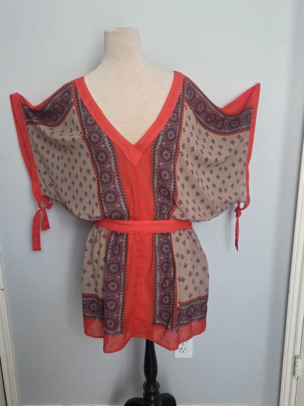 Free People Coral Trim Beige Paisley V-Neck Tunic